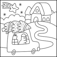 Vector black and white square Christmas village landscape. New Year night line scene with bird driving home with fir tree, presents. Festive winter holiday coloring page for kids
