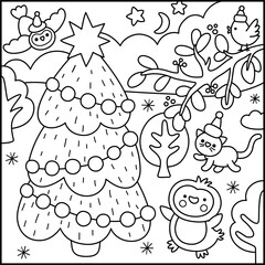 Vector black and white square Christmas village landscape. New Year night line scene with penguin, tree, bird on twig, cat in Santa Claus hat. Festive winter holiday coloring page for kid