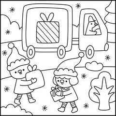 Vector black and white square Christmas village landscape. New Year line night scene with elves loading truck with presents. Festive winter holiday coloring page for kids with gifts, car