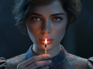 Obraz premium Young woman holding a lit match, illuminating her face in darkness