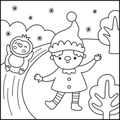 Vector black and white square Christmas village landscape. New Year night line scene with elf and penguin rolling down hill. Winter holiday coloring page for kids with dwarf sliding slope