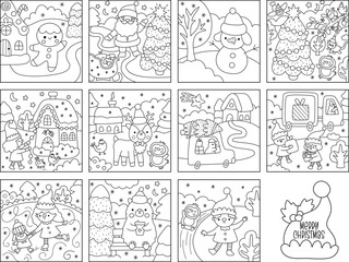 Vector black and white square Christmas village landscapes set. New Year line scenes collection with Santa Claus, elves, animals, birds. Festive winter holiday coloring page pack for kids