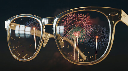 Spectacles reflect colorful fireworks celebration at night creating a festive visual spectacle