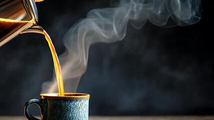 Hot coffee pouring into a textured mug creating steam and aromatic warmth on a wooden surface, 4k video - Powered by Adobe