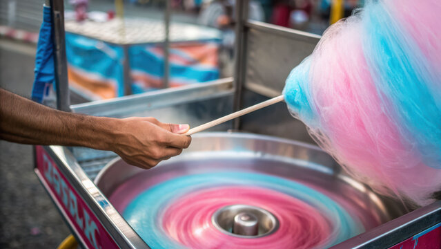 Cotton candy cart spins pastel sugar floss at street market, hand twirls blue and pink treat with joyful swirl motion