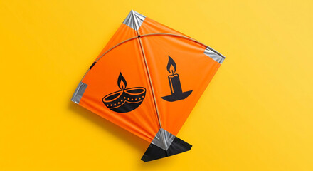 An orange kite is prominently displayed against a solid, vibrant yellow background
