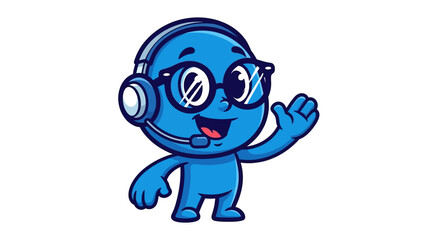 Friendly blue character with headset and glasses waving hello, representing customer service or support