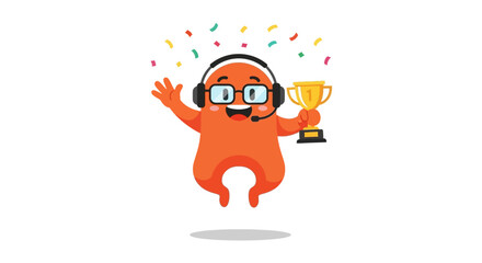 Orange cartoon character with headphones and glasses jumps happily holding a golden trophy, celebrating victory amidst falling confetti