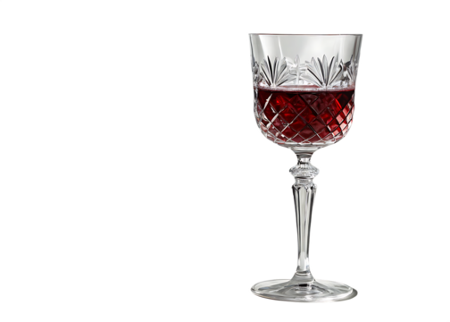 Elegant crystal wine glass filled with rich red wine isolated on transparent background