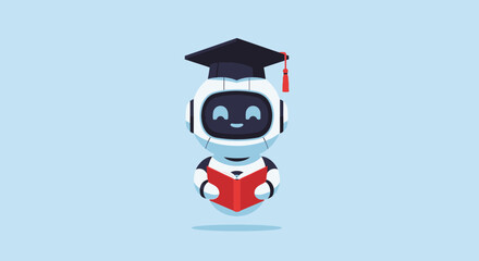 A charming cartoon robot wearing a graduation cap and holding an open book, symbolizing education and learning in the digital age