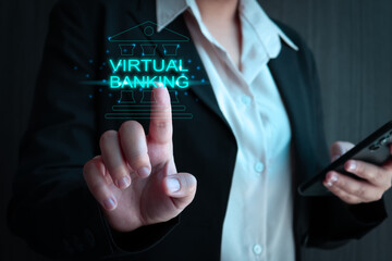 Virtual banking, online payment, fintech. Businesswoman touch a virtual screen of online banking.