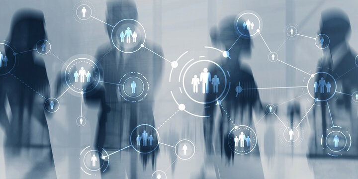 Digital social network icons and hologram overlay on city background