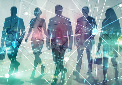 Digital network and data connection with business people silhouettes. Technology innovation communication