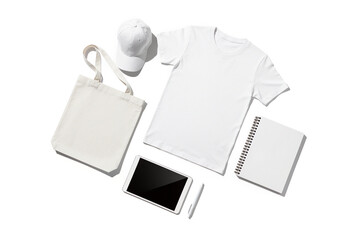 Flat lay branding mockup with blank t-shirt, tote bag, cap, digital tablet, notebook, and stationery on a clean white background, for custom design and promotion.