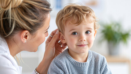 pediatric doctor examining young child’s ear during medical checkup