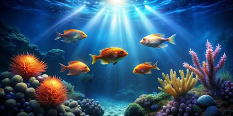 Vibrant Reef Scene Sunbeams Illuminate Colorful Fish and Coral in Underwater Paradise