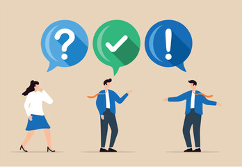 Confused businesspeople asking questions and providing answers to solve problems. Concept of FAQ, advice, help and support services, communication, and team brainstorming