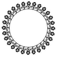 A hand-drawn black circular frame in doodle style, decorated with a floral pattern