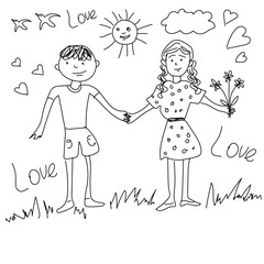 A hand-drawn doodle style drawing of a young man and woman in love
