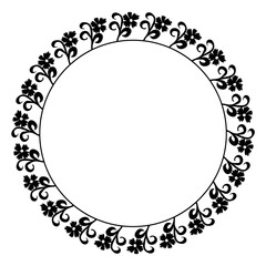 A hand-drawn black round frame decorated with a floral pattern