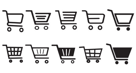 Collection of black and white line art shopping cart icons