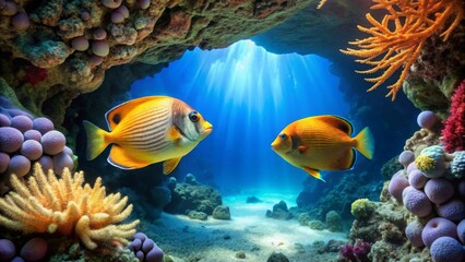 Naklejka premium Oceanic Cave Two Vibrant Fish Encounter in Sunlit Coral Reef Habitat