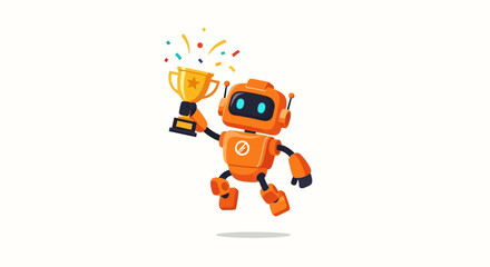 Robotic character jubilantly celebrating victory with a golden trophy and confetti in the air, symbolizing achievement and success in technology and innovation