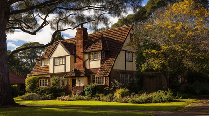 Fototapeta premium homeowner. Suburban house exterior with garden in afternoon sunlight, real-estate listings, architecture portfolios, designed for real-estate listing and luxury residence showcases.