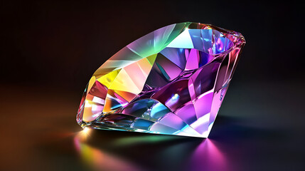 Close-up of a vibrant colorful diamond gemstone reflecting light and showcasing facets ideal for luxury and jewelry concepts