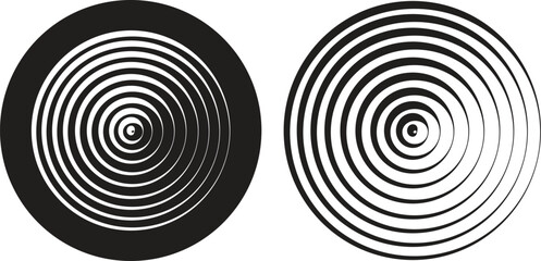 Black circular spiral abstract shape set, optical line art collection, geometric concentric circle group, hypnotic vortex round pattern, minimal flat vector design element bundle