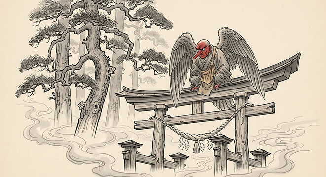 A mythical Tengu creature with wings and a red face sits atop a traditional Japanese torii gate amidst ancient pine trees and mist.