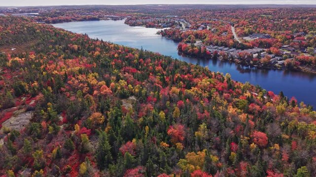Cinematic drone shot Vibrant Fall Foliage Surrounds A Quiet Canadian Neighborhood In Beechville Near Halifax Nova Scotia. Golden Sunset Light Creates A Dreamy Atmosphere.