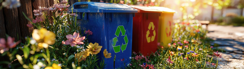 Colorful recycling bin surrounded by blooming flowers creates vibrant and eco friendly scene. sunlight enhances beauty of nature