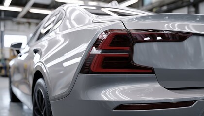 Preparation For Repairing Rear Bumper Dent On Grey Car: Smoothing The Surface And Painting At Station Service.