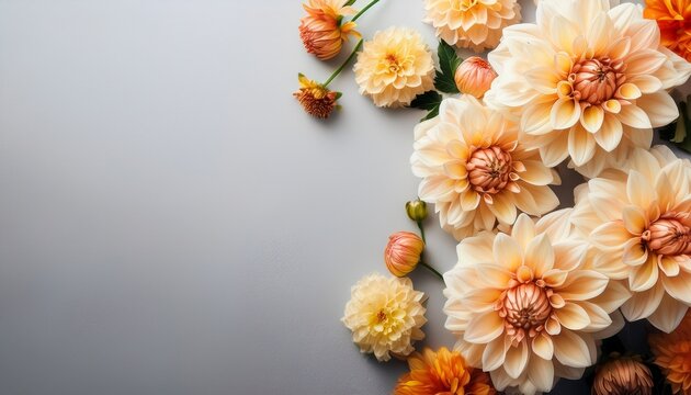 Beautiful Fresh Cream Cafe Au Lait Dahlia Flowers In Full Bloom On Gray Background Top Down View Fall Blossoms Copy Space For Text
