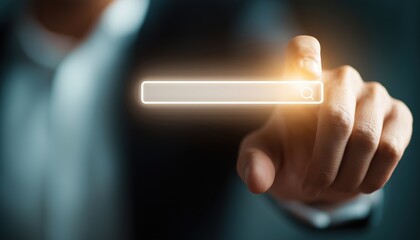 Businessman Engaged In Internet Search, Browsing Data, And Networking On Computer Touch Screen With Copy Space Available.