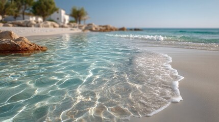 Crystal clear turquoise ocean water gently laps onto a sunlit sandy beach with white buildings and green trees in the background during a bright sunny day