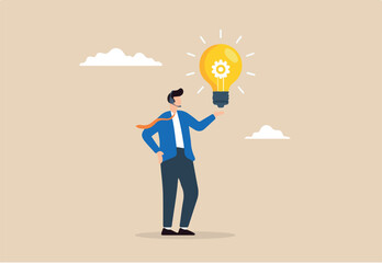 Flat illustration of operator providing creative solution with lightbulb idea in customer support and problem solving concept