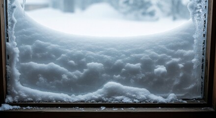 Snow piled high against a window, creating a winter scene. The snow is white and fluffy, with a soft texture visible through the glass.