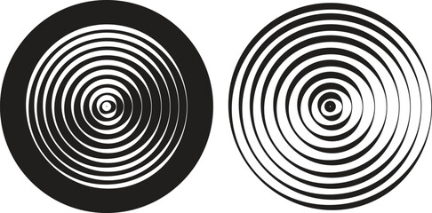 Black circular spiral abstract shape set, optical line art collection, geometric concentric circle group, hypnotic vortex round pattern, minimal flat vector design element bundle