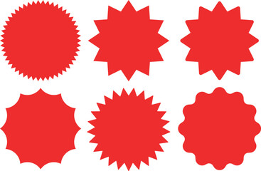 Circle sticker set. Wavy edge promo red badges. Star burst shape tags for price. Blank sale stickers. Simple silhouette. Flat vintage labels. Graphic illustration. Art & Illustration