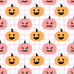 Cute Pink and Orange Pumpkin Seamless Pattern, Kawaii Halloween Background