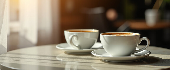 Fototapeta premium Two white coffee cups placed on a table by the window in warm light 