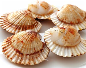 Obraz premium Freshly Prepared Scallops on Elegant Shells, A Gourmet Seafood Delight for Culinary Enthusiasts