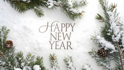 Minimal Winter Botanical Frame with Snow-Covered Pine and Fir Leaves Surrounding Happy New Year Typography on White Background