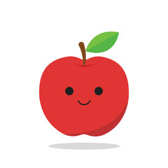 Cute Happy Red Apple Character Flat Vector Illustration smiling face, rosy cheeks, and a green leaf