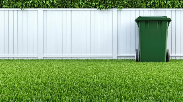 This backyard corner features a green wheelie bin set against a clean white background, creating a fresh and organized outdoor space