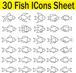 30 Different Shape Fish Icons Sheet