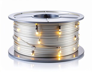 String Lights Spooled on Metal Reel with Warm Yellow Glow on White Background