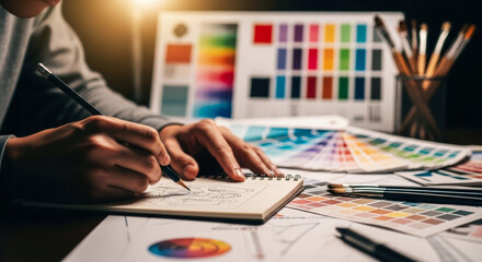 A person focused on sketching in a notebook surrounded by color palettes, brushes, and art supplies, in an environment infused with warm lighting.